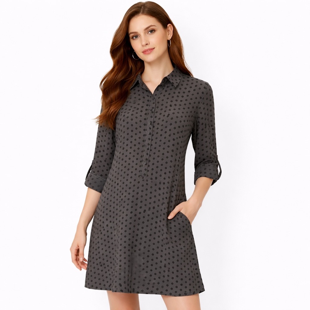 LOFT Gray Black Polka Dot Rolltab Sleeve Collared Shirt Dress Size M